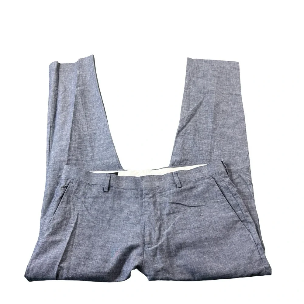 J.Crew Ludlow Slim Blue Somelos Cotton Linen Chambray Flat Front Pants 32x30